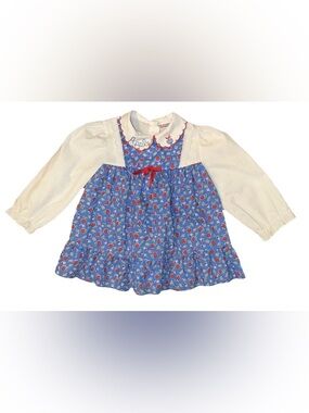 VTG Kalula Kids Girl 18M Apple Pattern Blue Dress Peter Pan Collar Embroidered